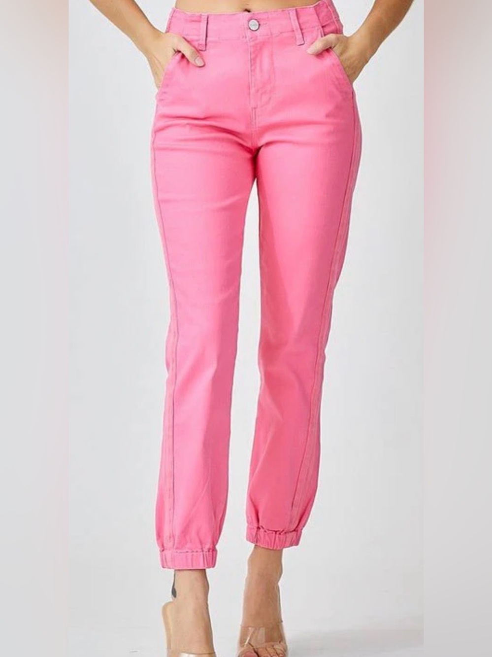 Women's Cropped Denim Joggers by Risen - Pink